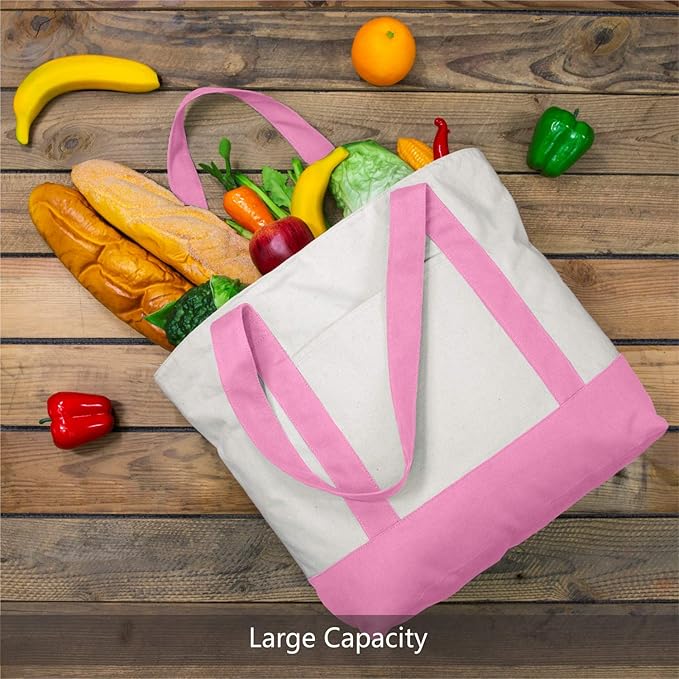 TOPDesign 1-Pack Canvas Tote Bag with an External Pocket, Reusable Grocery Shopping Bag, Top Zipper Closure, Daily Essentials (Pink/Natural)