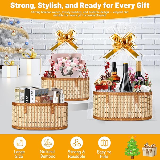 Leevcok 2 Set Baskets for Gifts Empty, Large Bamboo Gift Basket with Handle, Foldable Reusable Decorative Woven Basket for Christmas, Baby Shower, Mother's Day, Housewarming, Wedding
