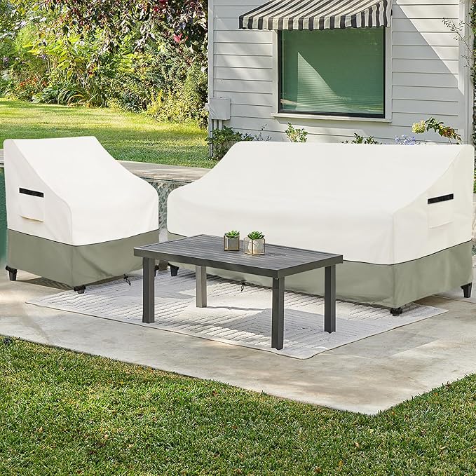3-Seater Patio Sofa Cover,85 W x 38 D x 35 H Inches Outdoor Couch Cover,600D Heavy Duty Waterproof Outdoor Sofa Covers,Patio Furniture Covers,Beige