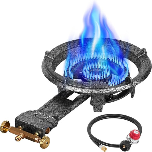 Llamaviva 90,000 BTU Portable Propane Burner Stove Cast Iron Single Burner for Outdoor Wok Cooking 0-20 PSI Adjustable Regulator & 4 ft Hose - Lightweight & Easy to Carry for Camping