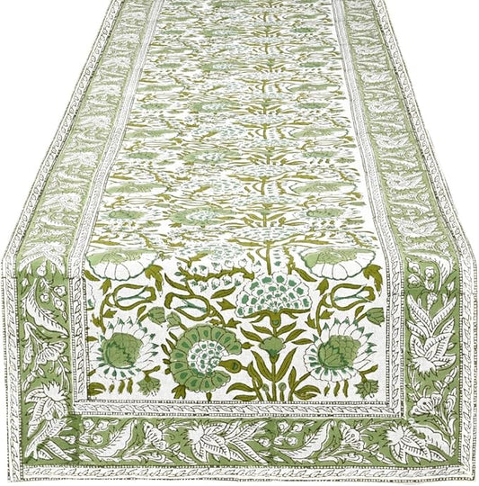 CPC Cotton Table Runner 16x72 Inch Block Printed Long Fall Table Runner for Dining Table, Card Table, Coffee Table, Wedding, Farmhouse & Outdoor Barbeque-Agate Green