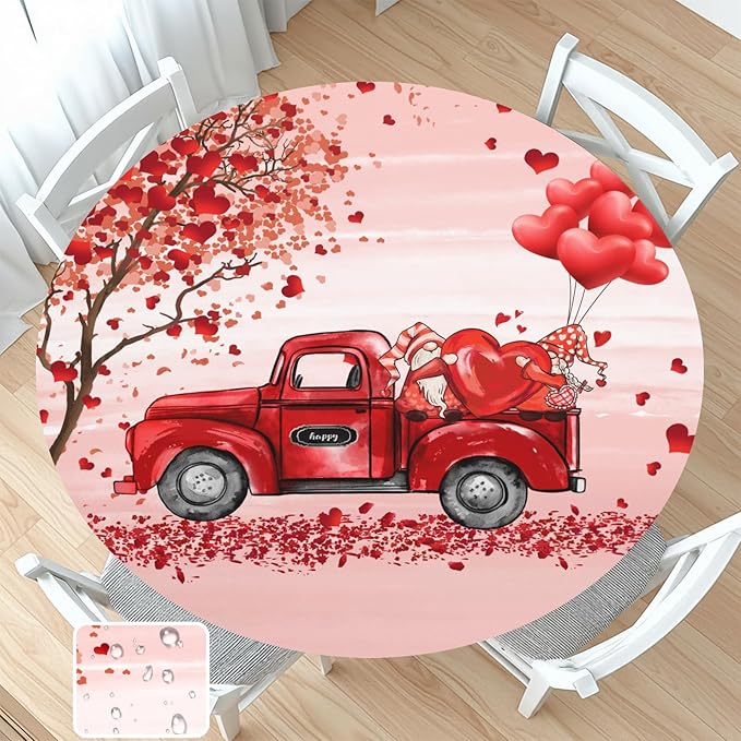 Valentines Day Round Fitted Tablecloth with Elastic Pink Red Heart Circle Table Cloth for 40-44" Round Tables Wipeable Waterproof Washable Gnome Truck Valentine Table Cover for Dining Picnic Party
