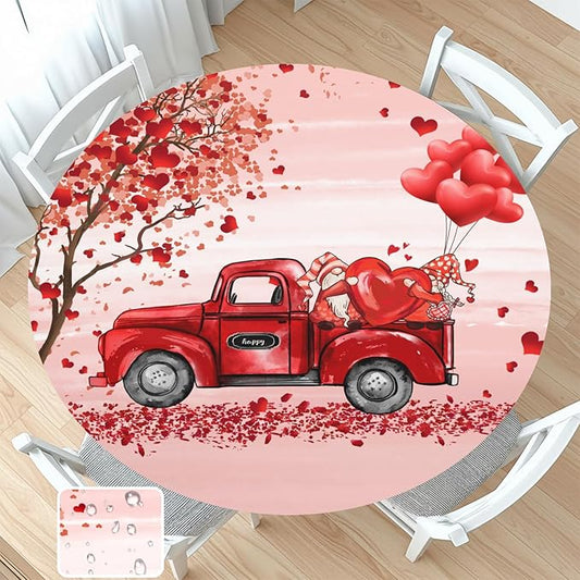 Valentines Day Round Fitted Tablecloth with Elastic Pink Red Heart Circle Table Cloth for 48-52" Round Tables Wipeable Waterproof Washable Gnome Truck Valentine Table Cover for Dining Picnic Party