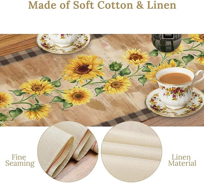 Yellow Sunflower Table Runner, Spring Sunflower Seasonal Country Fall Retro Plant Table Runners for Kitchen Farmhouse Dining Coffee Party 13x90in