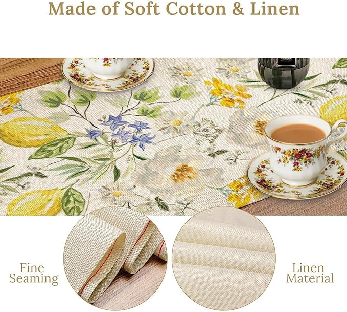 Vintage Lemon Blossom Table Runner Seasonal Spring Summer Floral Farmhouse Dining Table Decoration for Home Holiday Party Dresser Kitchen Cabin Restaurant Wedding Decor 13×120in