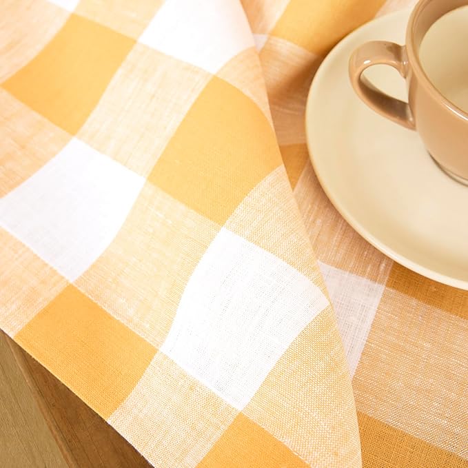 Solino Home Linen Checkered Table Runner 120 Inches Long - 100% Pure Linen Buffalo Check Mustard and White Table Runner 14 x 120 Inch Ideal for Dining, Spring, Easter