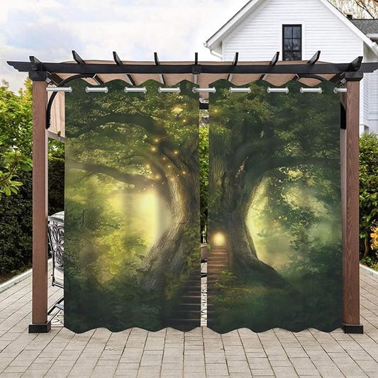 Fantasy Theme Waterproof Indoor/Outdoor Curtains,Forest Pattern,UV and Fade Resistant Outside Curtains for Gazebo, Front Porch, Pergola,2 Panel,54 x 96 inch,Green