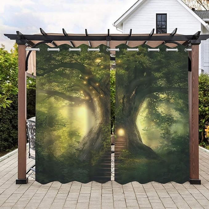 Fantasy Theme Waterproof Indoor/Outdoor Curtains,Forest Pattern,Grommet Curtain for Bedroom, Porch, Living Room, Pergola, Cabana,2 Panel,42 x 63 inch,Green