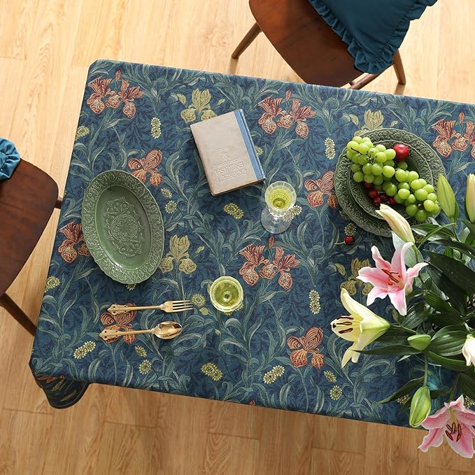 patdrea Designer Vintage Dark Blue Linen Rectangle Tablecloth,French Rustic Floral Pattern Tablecloths,Decorative Table Cover Cloth for Kitchen,Dining,Tea Party,Home,Christmas,67"*118"