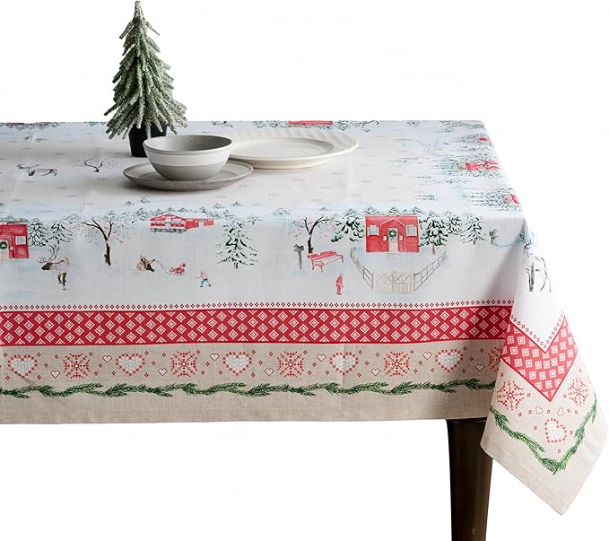 Maison d' Hermine Table Cloth Rectangle Table 100% Cotton 70 x 90 Inches Fall Tablecloth Reusable Everyday Use for Thanksgiving Christmas Decorations Dining Farmhouse Party (Rural Christmas)