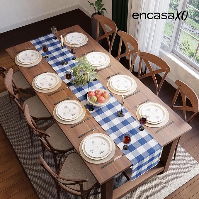 Encasa XO Cotton Dining Table Runner | Buffalo Blue Checks | Size 13x104 in - Machine Washable & Durable