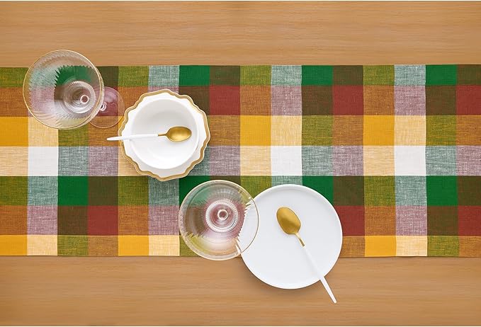Solino Home Linen Checkered Table Runner 132 Inches Long - 100% Pure Linen Buffalo Check Fall Multicolor Table Runner 14 x 132 Inch Ideal for Dining