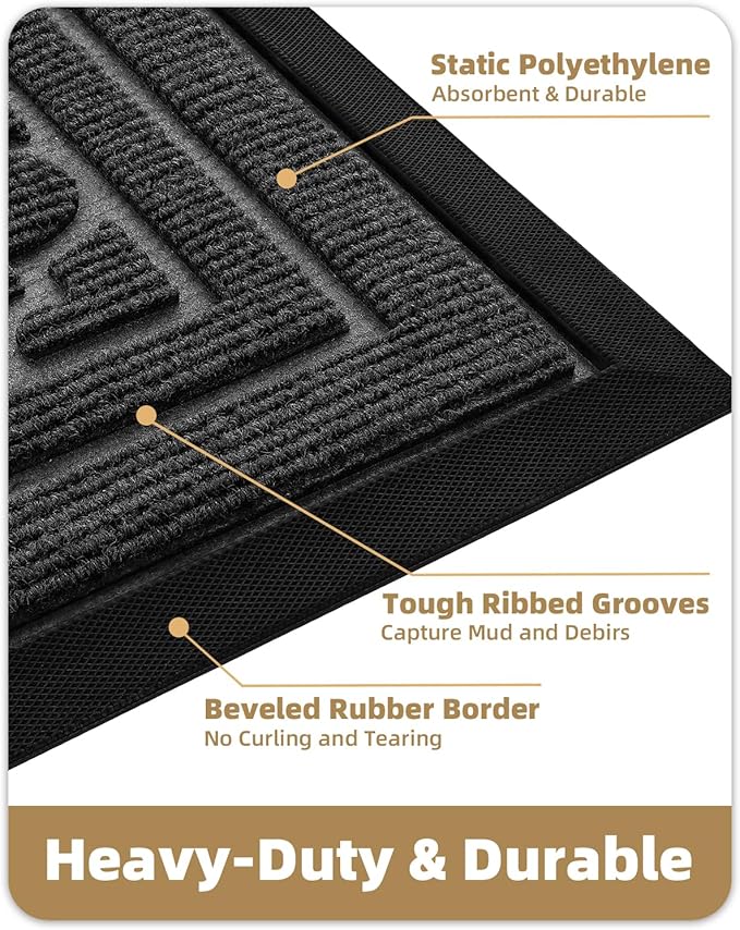Color&Geometry Large Front Door Mat Outside Entrance, Heavy Duty Non Slip Low Profile Doormat for Entryway, Trap Dirt and Moisture Welcome Mats All-Weather, Easy Clean, Patio, Garage, 36"x60" Grey