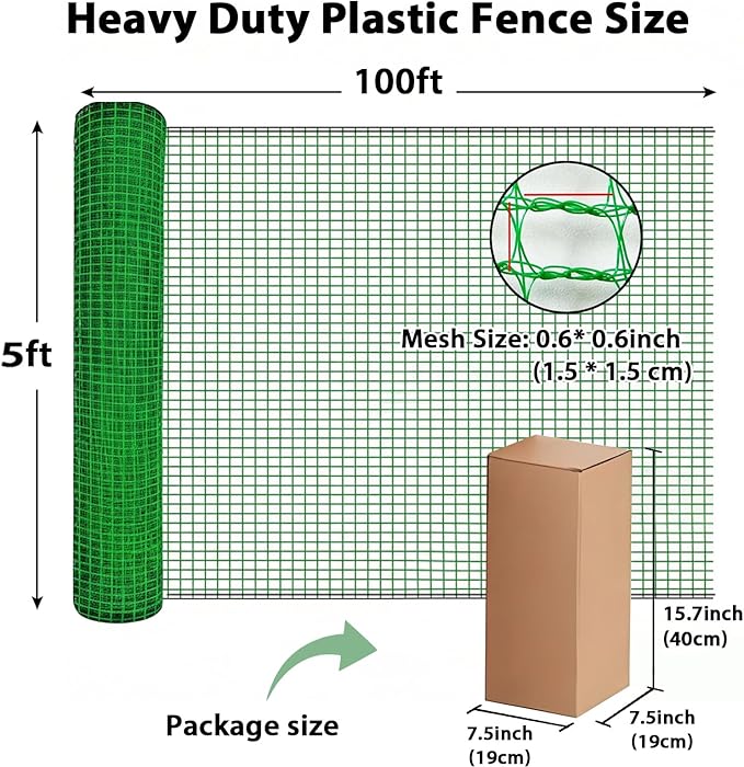 Garden Temporary Safety Fence, 5'x100' Roll with 50 Zip Ties, Resuable Plastic Mesh Fence for Garden Fencing, Construction, Snow Fencing, Animal Barrier, Poultry, Deer, Patio, Green
