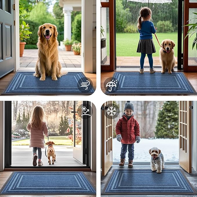 Buganda Front Door Mat Indoor Outdoor Entrance, Non-Slip Natural Rubber Doormats, Easy Clean, Low Profile, Dirt Trapper Entryway Floor Mats for Outside, Garages and Patios, 36x24, Light Blue