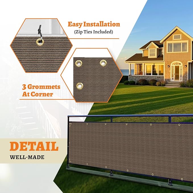 2.5' x 269' Balcony Privacy Screen Fence Cover with Zip Ties Grommets for Apartment Patio Porch Deck Backyard Outdoor (Brown)
