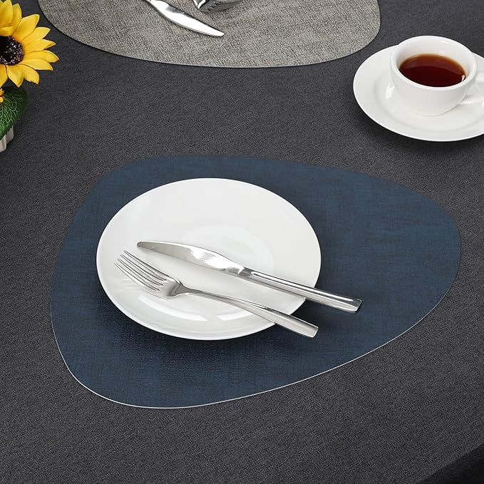 Placemats and Coasters, Washable Reversible Placemats Round Faux Leather Wipeable Place Mats Non Slip Heat Resistant Indoor Outdoor Table Mats (Set of 6, Gray Blue)