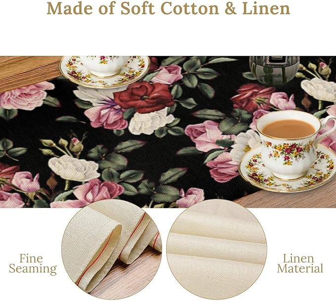 Gothic Floral Table Runner,Vintage Pink Red Rose Flower Print Table Runner for Kitchen Dining Table Indoor Outdoor Home Party Decor,Black 13x60in