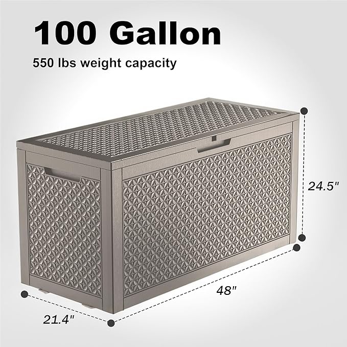 New 100 Gallon Outdoor Storage Box – Resin Deck Box with Lockable Lid, Waterproof Patio Furniture Storage for Tools, Garden & Yard Organization (Grey)