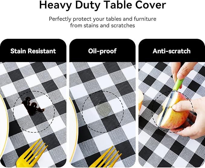 Romanstile Rectangle Vinyl Tablecloth, 100% Waterproof Buffalo Gingham Plastic Table Cloth, Heavy Duty Wipeable Checkered Table Covers for Outdoor, Camping, Picnic, Patio - 54 x 78, Black and White
