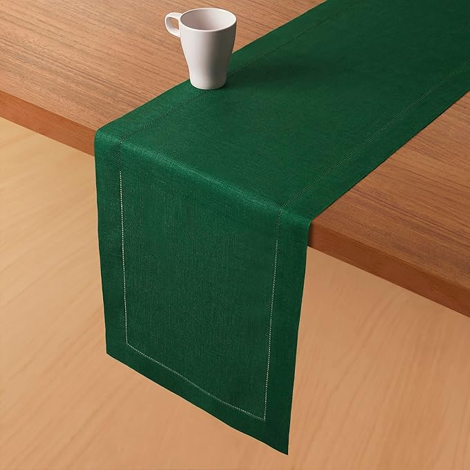 D'Moksha Homes Linen Forest Green Table Runner 48 Inches - Classic Hemstitch, 100% Pure Linen Coffee Table Runner 14 x 48 Inch Ideal for Dresser Tables - St Patricks Day, Easter