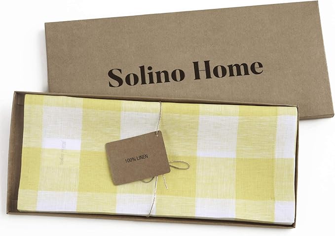 Solino Home Linen Checkered Table Runner 120 Inches Long - 100% Pure Linen Yellow and White Buffalo Check Table Runner 14 x 120 Inch Ideal for Dining, Spring, Easter