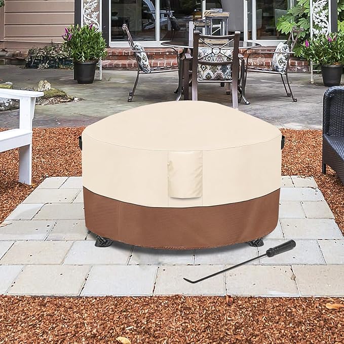 Fire Pit Cover,Outdoor Heavy Duty 600D 100% Waterproof Fire Pit Cover Round,Weatherproof Firepit Covers Round 36" Dia x 24" H,Beige & Brown