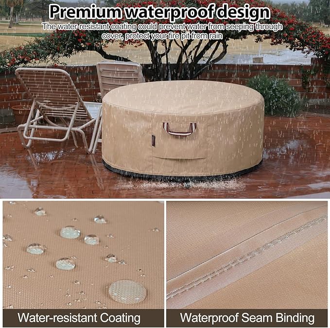 QH.HOME Fire Pit Cover Round-33-36 Inch Heavy Duty 900D Strong Tear-Resistant and UV Resistant and Waterproof and Fading Resistant Material Polyester Firepit Covers Round for Outdoor Fire Pit-Wheat