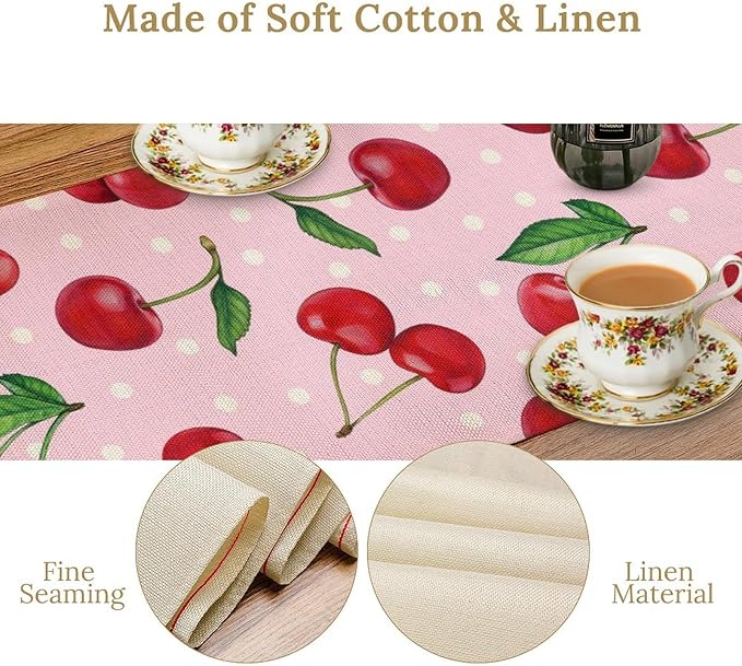 Red Cherry Table Runner, Tropical Fruit Polka Dot Print Table Runner for Birthday Party Dining Room Home Kitchen 13x60in