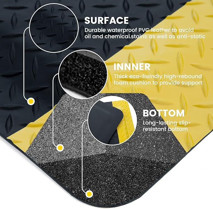 3' x 12' ESD Anti-Fatigue Conductive Mat, Durable Heavy Duty Diamond Plate, Soft Sponge Ergonomic Mat, Non Slip Waterproof Floor Mats for Commercial&Industrial Work Thick 3/4” Black with Yellow Border