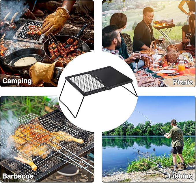 Folding Campfire Grill Grate, Portable Heavy Duty Steel Mesh Over Fire Camp Grill, Camp Fire Cooking Equipment with Legs & Carrying Bag, Grilling Rack for Outdoor BBQ Picnic