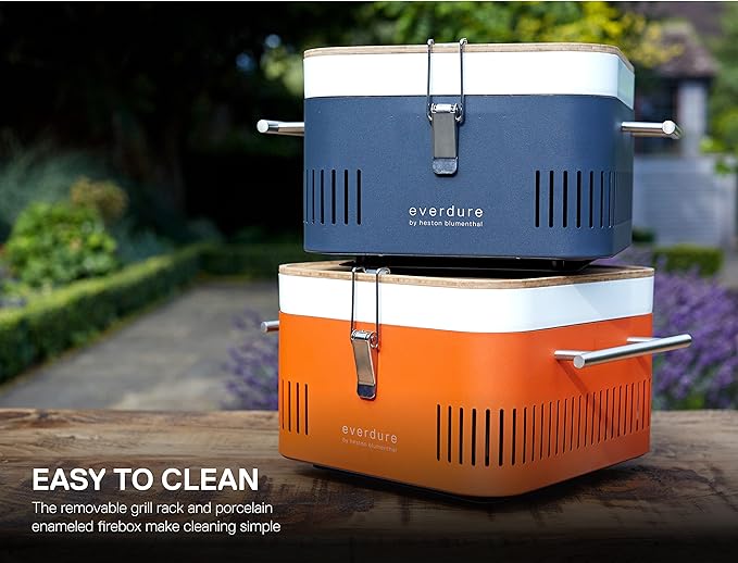 Everdure CUBE Portable Charcoal Grill, Tabletop BBQ, Perfect Tailgate, Beach, Patio, or Camping Grill, Lightweight & Compact Small Grill with Preparation Board & Food Storage Tray, Stone