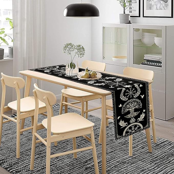Viking Table Runner, Black Viking Tree of Life Raven Helmet of Awe Table Runner for Kitchen Dining Home Party 13x36in