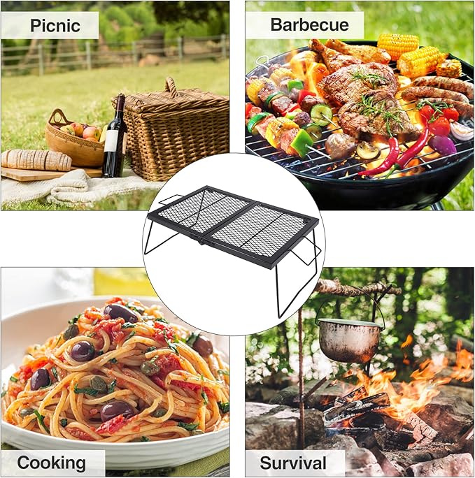 Large Folding Campfire Grill Grate, Portable Heavy Duty Steel Over Fire Camp Grill for Outdoor Camping Cooking Fire Pit, Black Folded in Half, 23.6"x15.7"