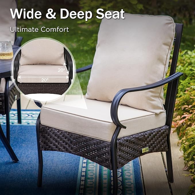 PHI VILLA Patio Chairs Set of 2, Heavy Duty Outdoor Metal Wicker Dining Chair with Thick Cushions, Large All Weather Wrought Iron Deck Chair for Outisde, Porch Backyard, Support 300lbs