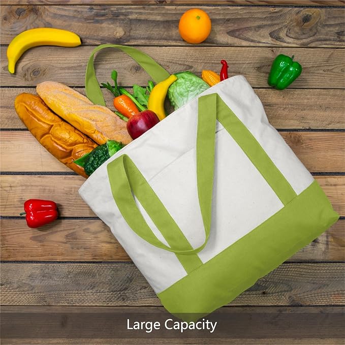 TOPDesign 1-Pack Canvas Tote Bag with an External Pocket, Reusable Grocery Shopping Bag, Top Zipper Closure, Daily Essentials (Light Green/Natural)