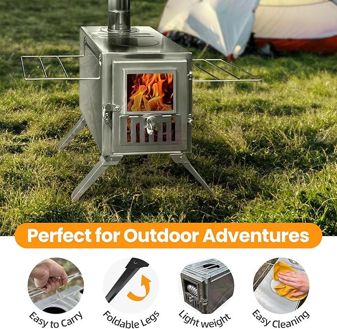 Wood Burning Stove,Portable Camping Stove with Chimney Pipes,Front Window，Side Racks,Mini Wood Stove for Outside Tent,Cookout,Truck Travel and inside Woodcutter's Cottage