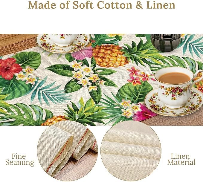 Summer Pineapple Table Runner, Tropical Palm Leaves Flowers Fruit Table Runner for Kitchen Dining Party Holiday Home 13x90in