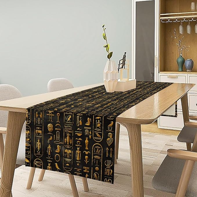 Egyptian Table Runner, Retro Egypt Mythology African Hieroglyphics Alphabet Murals Black Pattern Table Runner for Family Kitchen Coffee Dining Farmhouse Party 13x90in