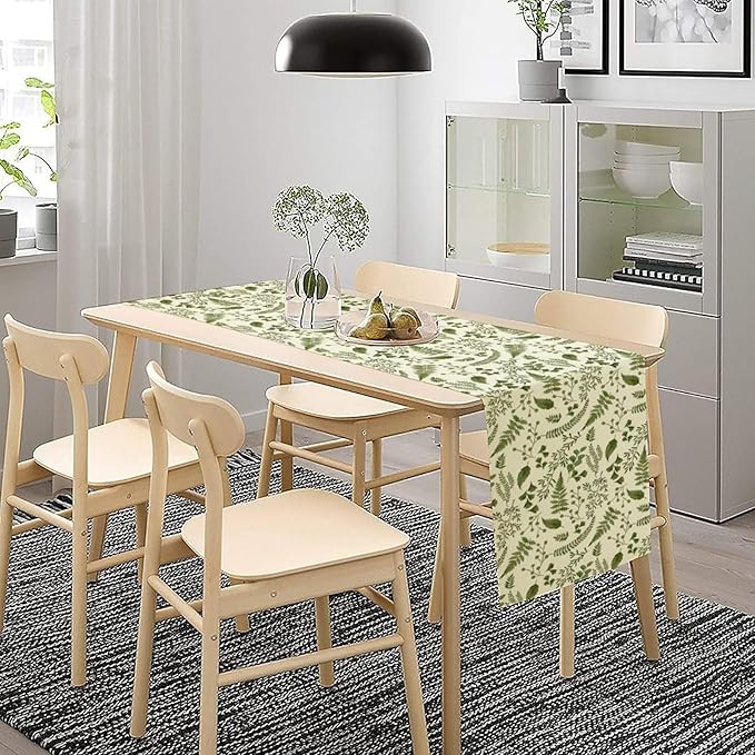 Green Leaves Table Runner,Spring Summer Herbs Botanical Natural Plants Print Table Runner for Kitchen Dining Table Farmhouse Home Party Decor 13x108in