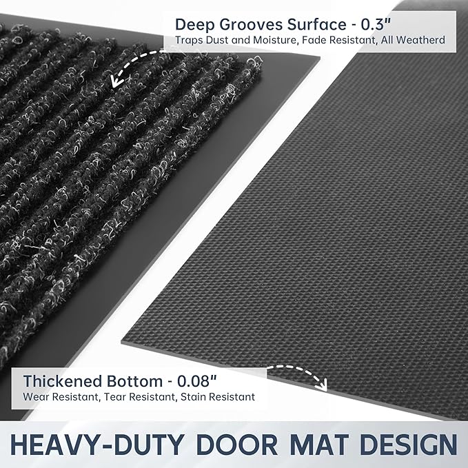 Front Door Mat, 60" x 36" Heavy Duty Indoor Outdoor Doormat, Non-Slip Welcome Mats for Entryway, Rubber Backing Low Profile Commercial Door Mats, Black Stripe