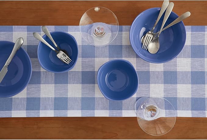 Solino Home Linen Checkered Table Runner 108 Inches Long - 100% Pure Linen Hydrangea Blue Buffalo Check Table Runner 14 x 108 Inch Ideal for Dining, Winter, Spring, Easter