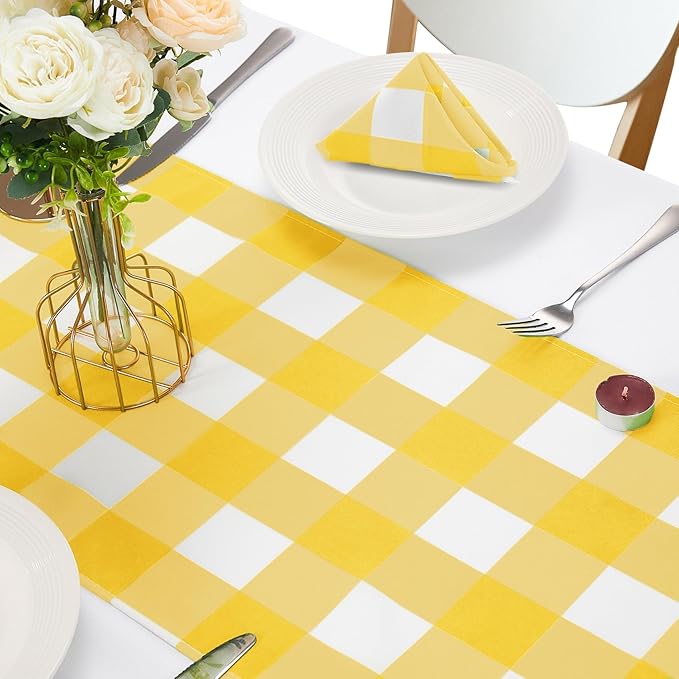 Fabric Checkered Table Runner 6 Pack Waterproof Gingham Table Runner 14W x 108L Buffalo Check Table Runners for Parties Kitchen Dining Wedding Banquet (Yellow and White)