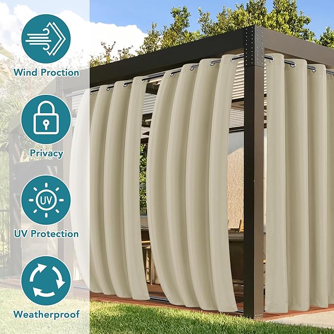 HolidayIdeas Outdoor Curtains for Patio Waterproof 4 Panels 110x84 Inch-Windproof Weatherproof Privacy Wide Cream Curtains-Grommet Top and Tab Bottom Drape for Pergola, Porch, Gazebo, Backyard