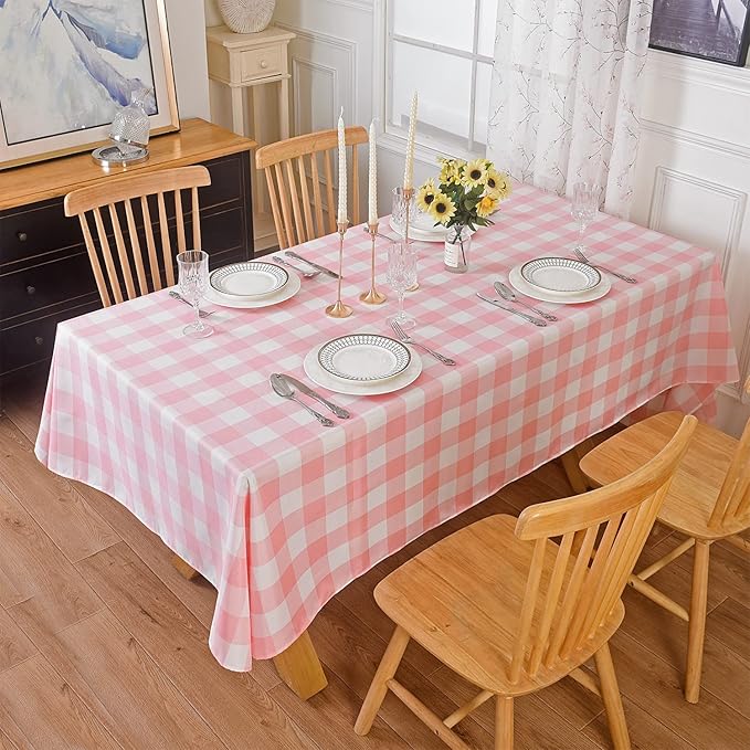 Cupuamon 2 Pack Waterproof Polyester Fabic Rectangle Checkered Tablecloth，60x102 Outdoor Table Cloth，Oil Stain Prevention Table Cloth for Pinics and Parties（Pink and White）