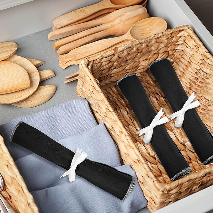 Hillban 12 Pcs Anti Tarnish Silver Storage Bags Silver Storage Cloth Felt Flatware Organizer Anti Tarnish Protector Bags Place Setting Roll with White Ribbon for Kitchen Cutlery (12 Slots,Black)