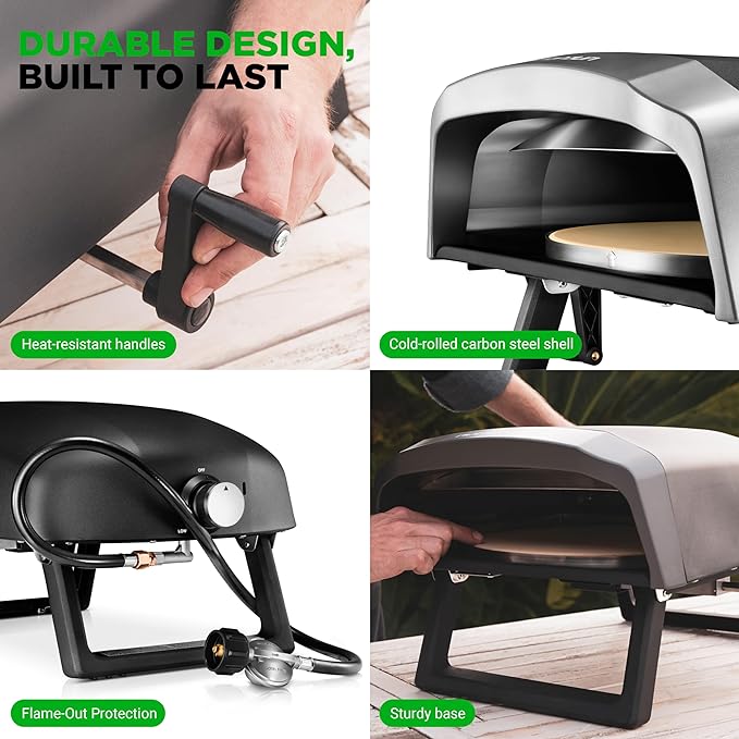 NutriChef Outdoor Pizza Oven with 360° Rotating Pizza Stone | Cooks 12" Pizza in 60 seconds | Adjustable Heat Control Dial, Includes Pizza Peel, Stone & Regulator with Hose | Short Handle