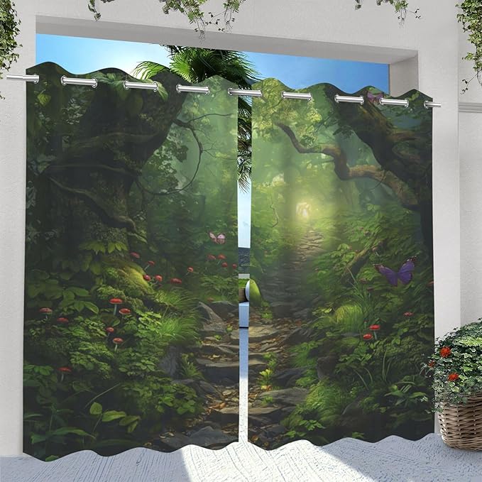 Fantasy Theme Waterproof Indoor/Outdoor Curtains,Forest Pattern,Privacy Curtains for Porch Pergola Arbor Lanai Pool House Outside Deck,2 Panel,W42 x L63,Green