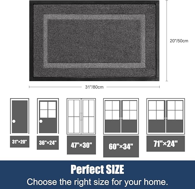 Front Door Mat Outside Entrance Indoor Doormat, 31" x 20" Outdoor Mats for Patio Waterproof, Outdoor Door Mats for Outside Entry, Indoor Rugs for Entryway, Sturdy Natural Rubber Entry Mat, Grey