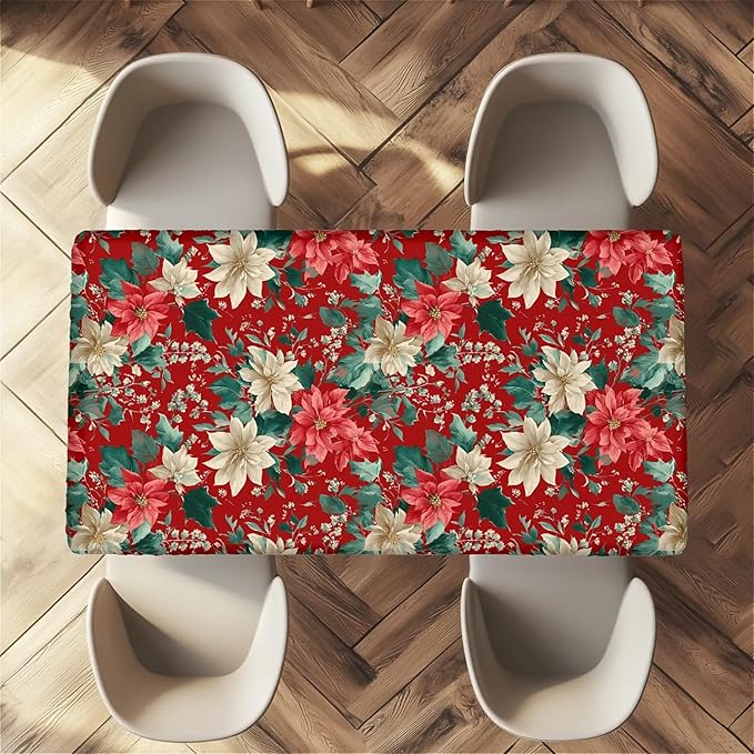 Rectangle Table Cloth Cover Waterproof Elastic Fitted Polyester Fitted Tablecloths for 8 Foot Tables for Indoor,Picnic, Camping, Outdoor （96" x 30"，Christmas Flowers）